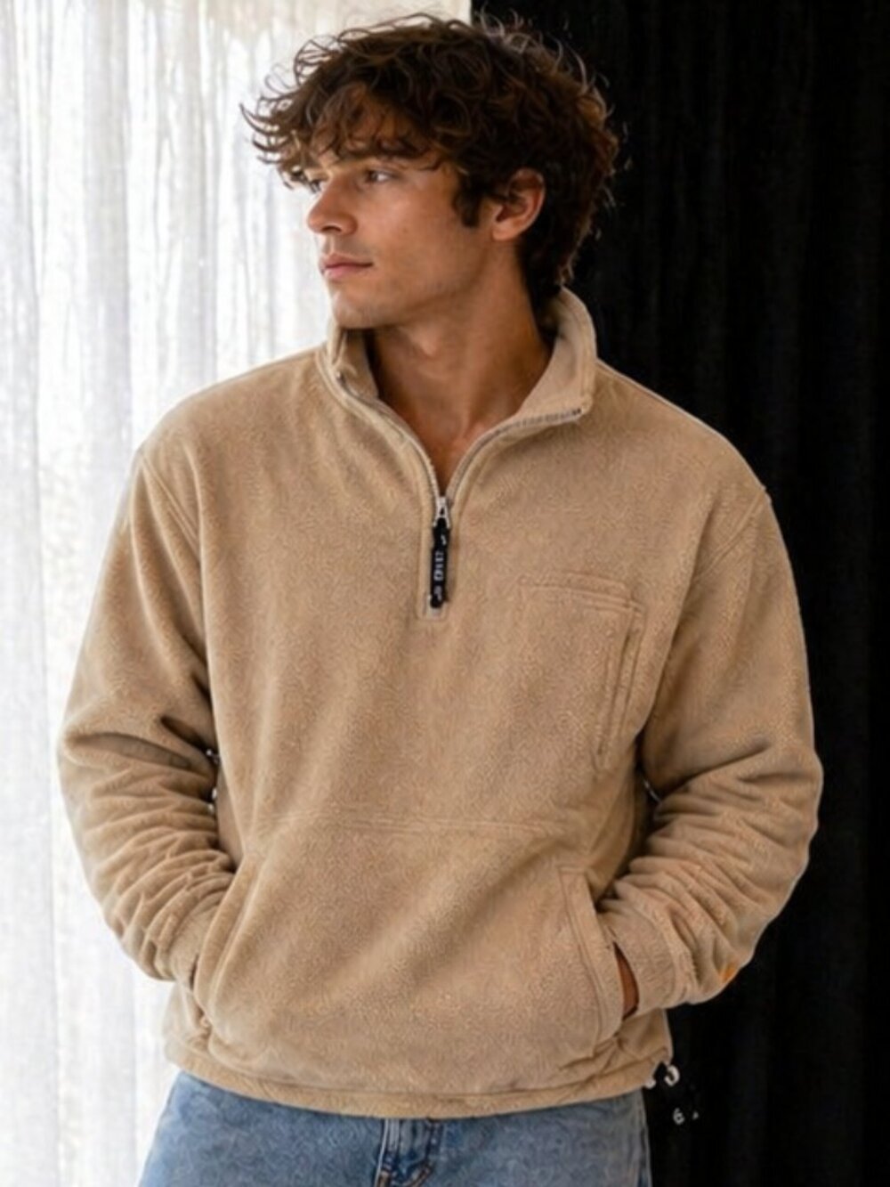 Ivy Crew Fleece Pullover Tan XL Half Zip Long Sleeve
